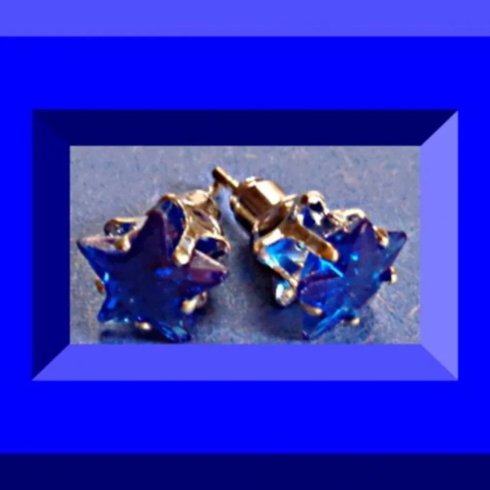 Silver Tone With Blue Crystal Star Design Stud Earrings
